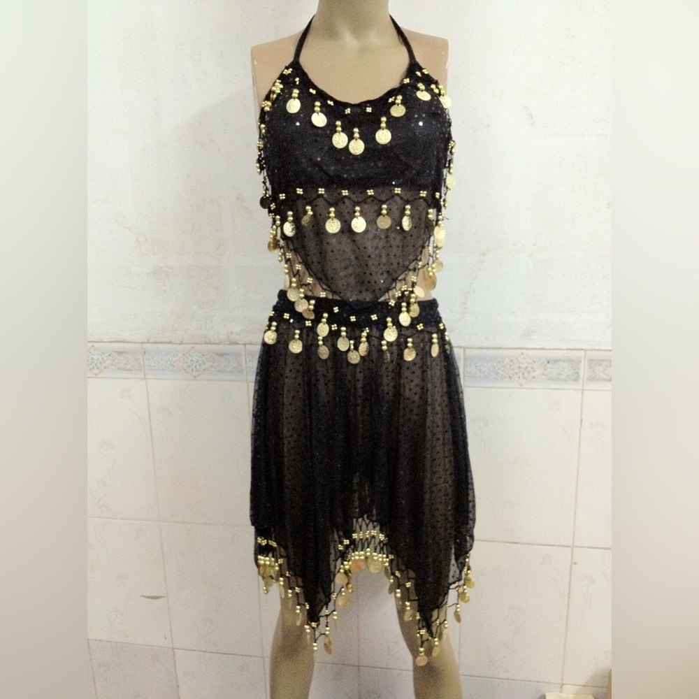 Belly Dancing Costume Black with Gold Medallion Outfit One Size